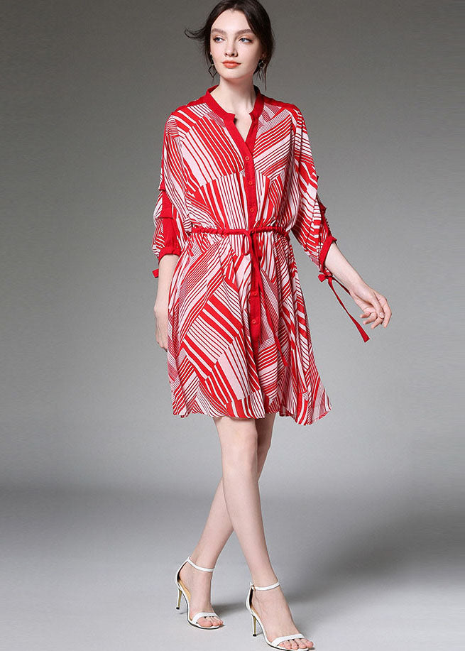 Boutique Red Tie Waist Cinched Print Fall Chiffon Half Sleeve Vacation Dresses