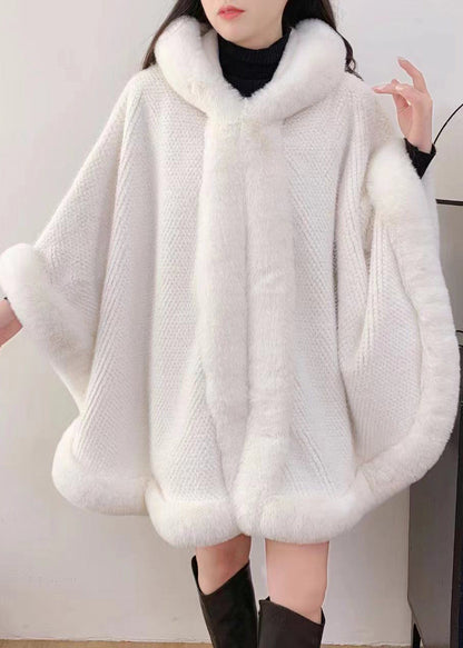 Khaki Hooded Fur Collar Warm Fleece Cape Coat Winter