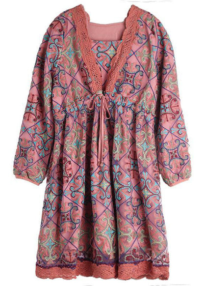 Diy Pink Lace Cinched Patchwork Print Chiffon a Line Dress Spring