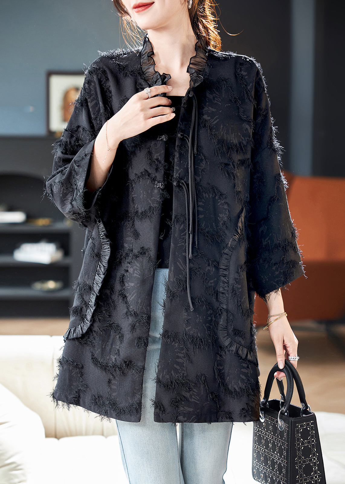 Fine Black Ruffled Patchwork Button Coat Spring