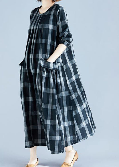 Diy O Neck Pockets Spring Tunics Gray Plaid Maxi Dress