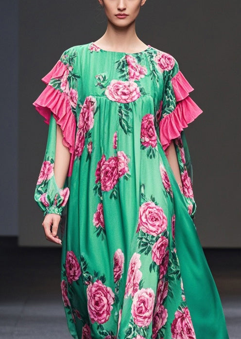 Green Print Ruffles Silk Velour Dresses Fall
