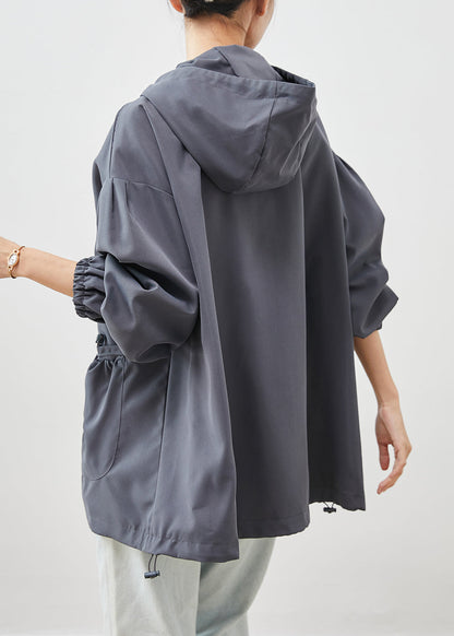 Grey Hooded Pockets Cotton Jackets Spring
