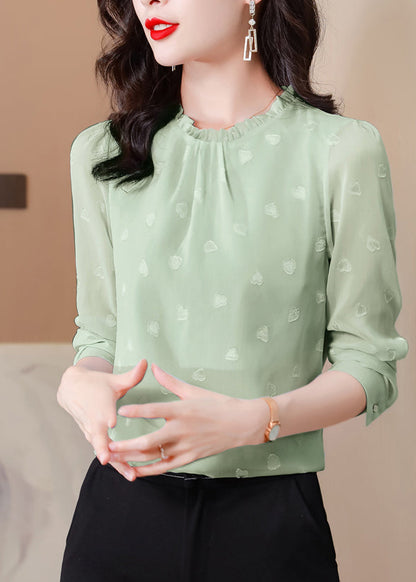 Green Chiffon Shirt Top O-neck Ruffled Spring
