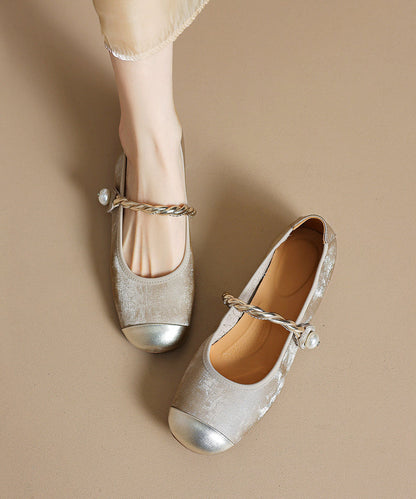 Boutique Buckle Strap Splicing Penny Loafers Apricot Cowhide Leather