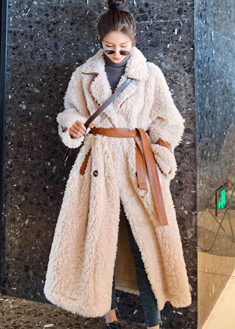 Apricot Notched Patchwork Button Thick Tie Waist Faux Fur Long Parka Coats Winter