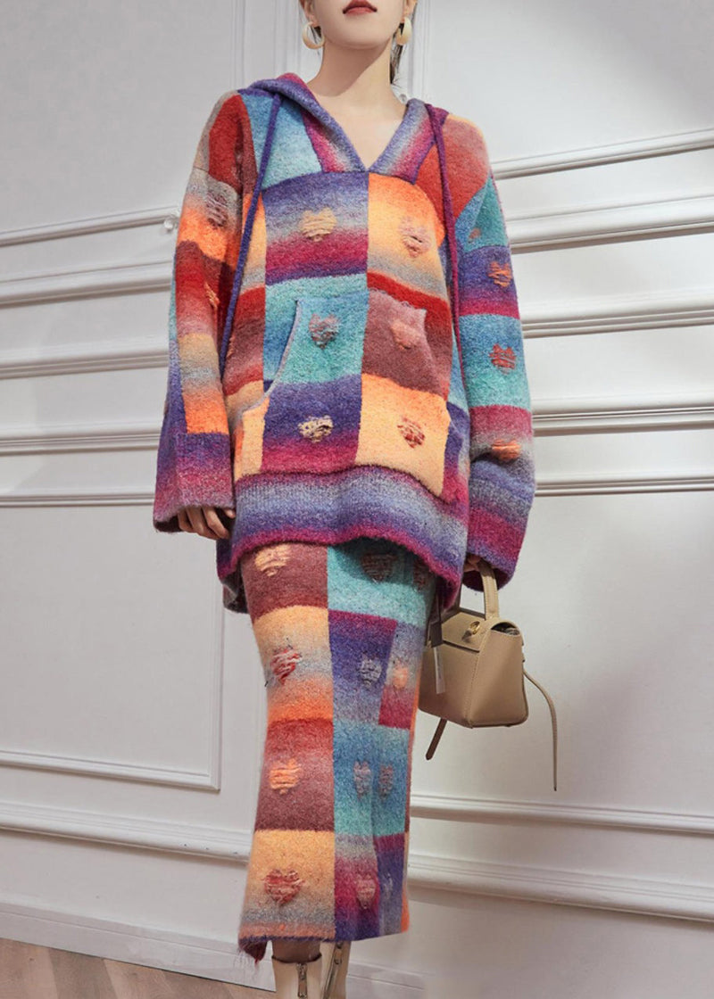 Rainbow Hole Hooded Sweaters and Maxi Skirts Knitted Cotton Thread Two Pieces Set Winter
