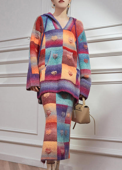 Rainbow Hole Hooded Sweaters and Maxi Skirts Knitted Cotton Thread Two Pieces Set Winter