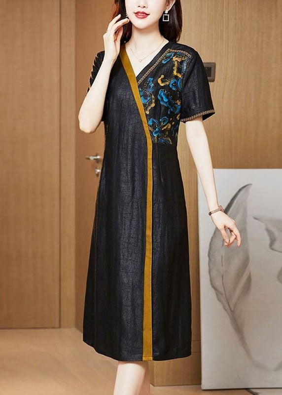 Black Embroideried Patchwork Silk Holiday Dress Summer