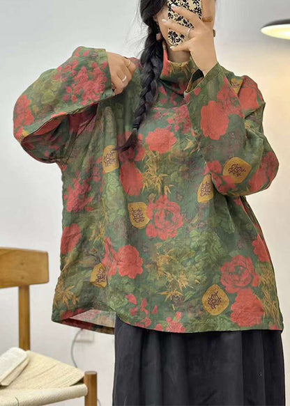 Pink Turtleneck Print Linen Shirt Long Sleeve