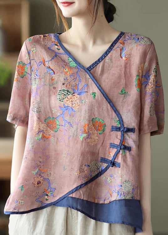 Pink V Neck Print Button Patchwork Blouse Tops Short Sleeve