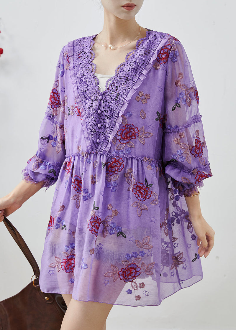 Purple Embroidered Patchwork Chiffon Vacation Dress Fall