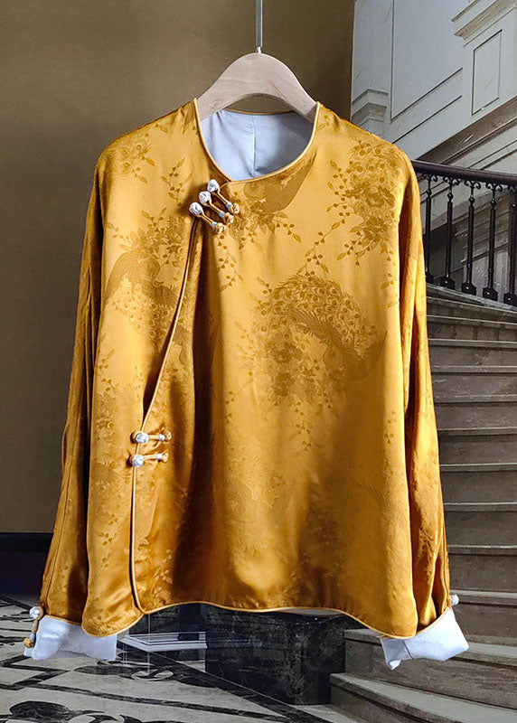 Yellow Button Jacquard Patchwork Silk Shirt O Neck Long Sleeve Fall