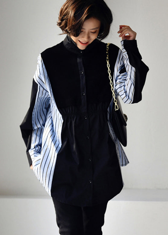 Black Peter Pan Collar Wrinkled Striped Patchwork Low High Design Button Cotton Shirt Long Sleeve