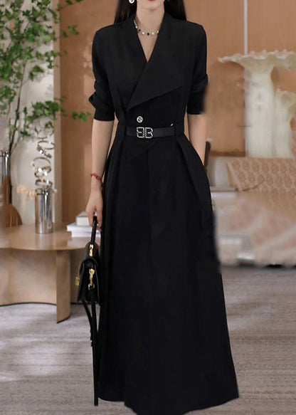 Green V Neck Waist Sashes Cotton Long Dresses Fall