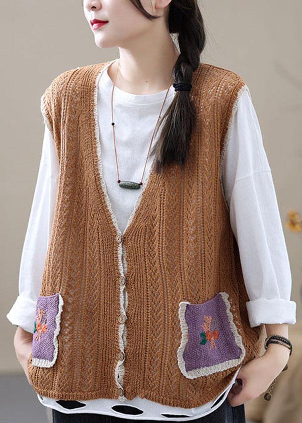 Style Khaki Embroideried Pockets Fall Shirt Knit Vest Sleeveless