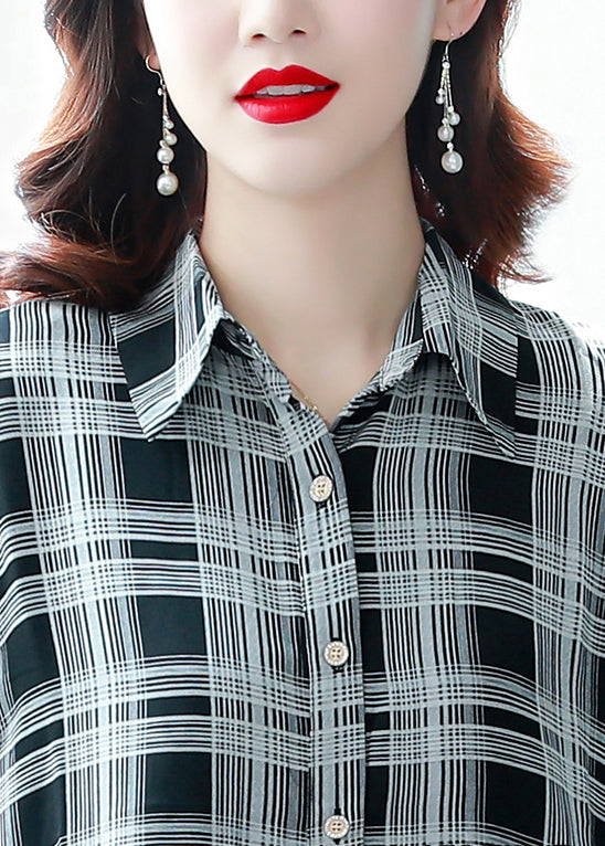 Classy Peter Pan Collar Button Wrinkled Plaid Chiffon Blouses Half Sleeve