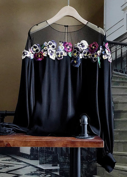 French Black O-neck Embroideried Patchwork Silk Tops Spring
