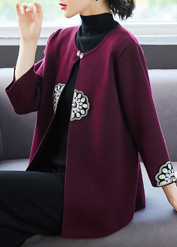 Art Navy O-neck Print Knit Coats Three Quarter Sleeve