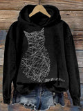 Cat Silhouette Tangled Threads Embroidered Cozy Hoodie elevenforest