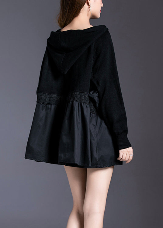 Black Hooded Patchwork Knit Pullover Spring