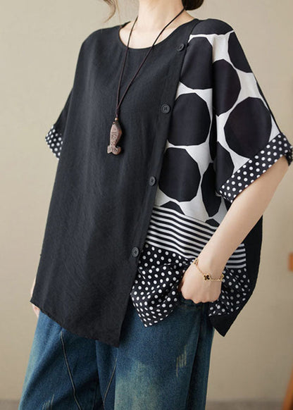 Black O Neck Print Patchwork Cotton T Shirt Tops Summer