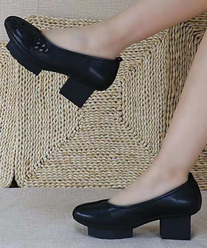 Chunky Heel Black Cowhide Leather Hollow Out