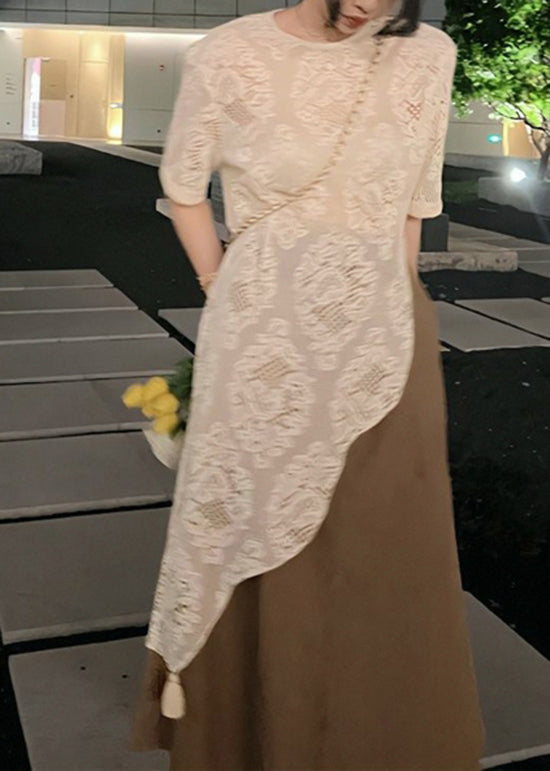 Beige Asymmetrical Hollow Out Lace Top Summer