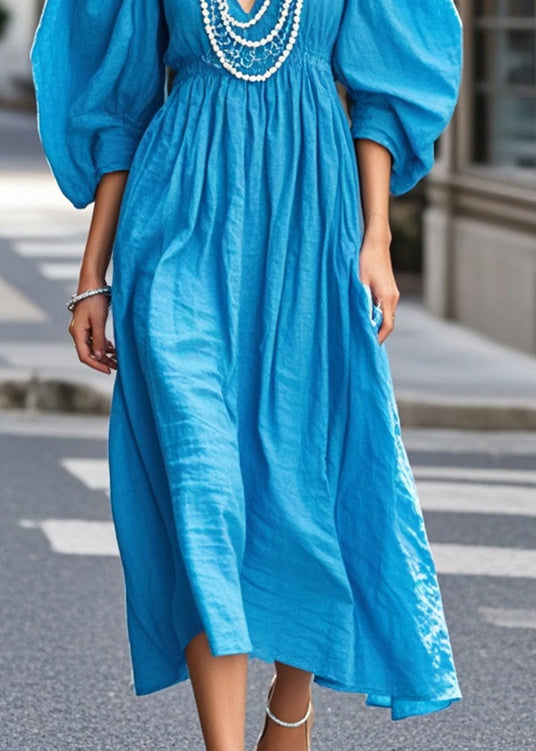 Blue Cotton Holiday Dress V Neck Puff Sleeve Summer