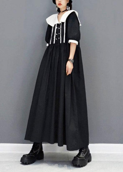Diy Black Peter Pan Collarbuttonpatchwork Half Sleeve Robe Dresses Fall