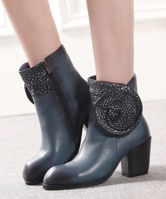 Blue Boots Chunky Cowhide Leather Zippered Splicing