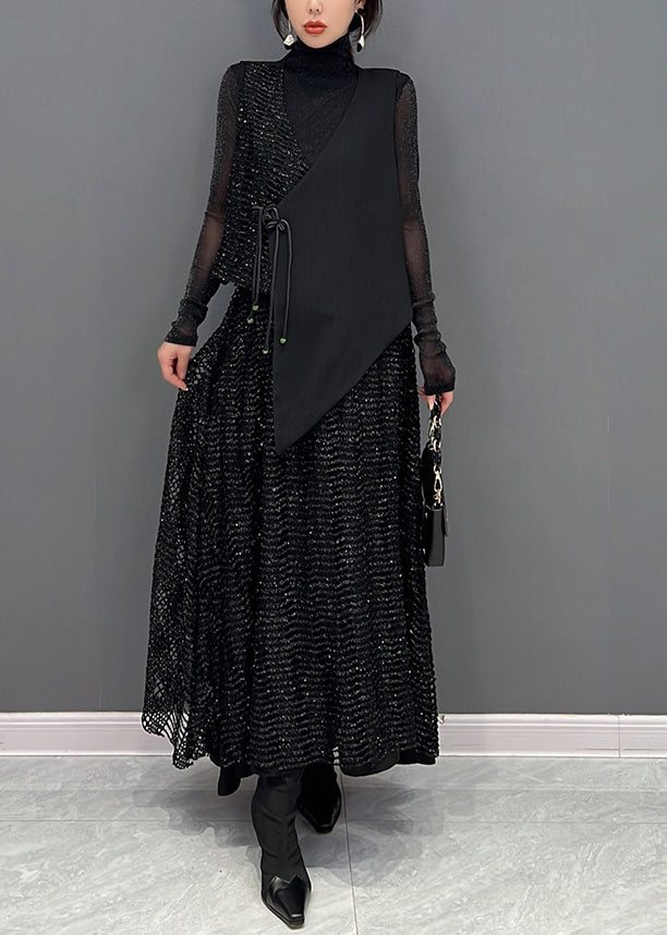 Autumn New Black Sleeveless Vest and Skirts Two Piece Set