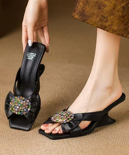 Black Wedge Sheepskin Zircon Splicing Slide Sandals