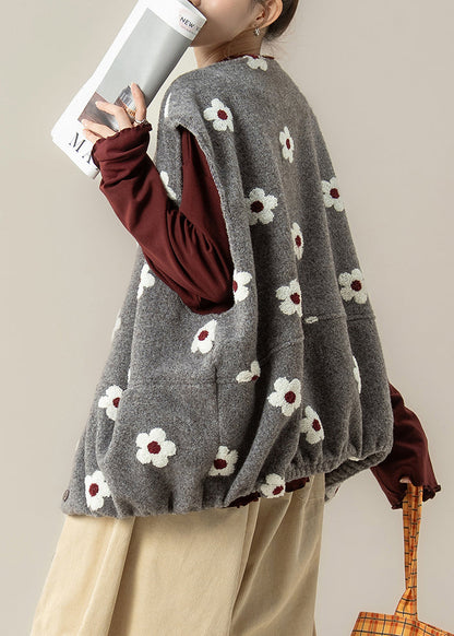 Grey Print Cotton Loose Vests Oversized Winter