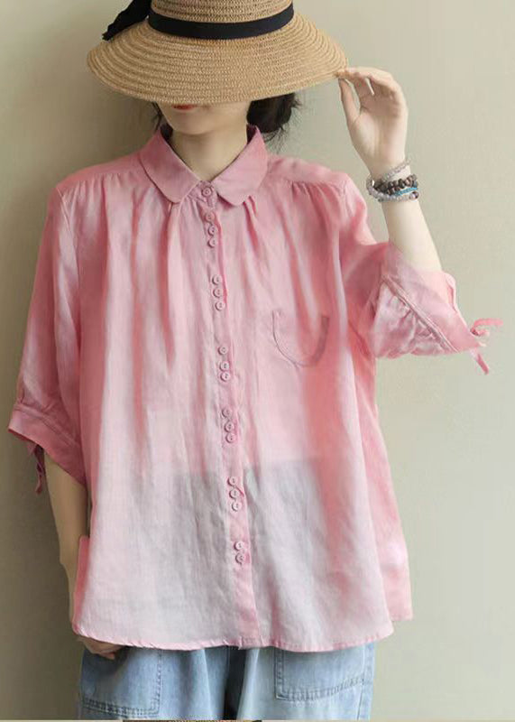 Pink Peter Pan Collar Patchwork Cotton Shirt Top Summer