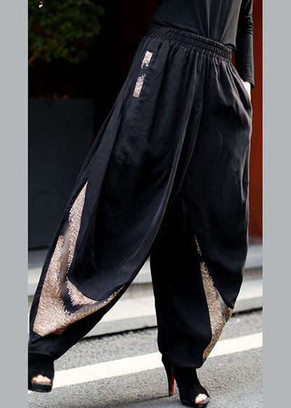 Handmade Black Elastic Waist Patchwork Pants Spring