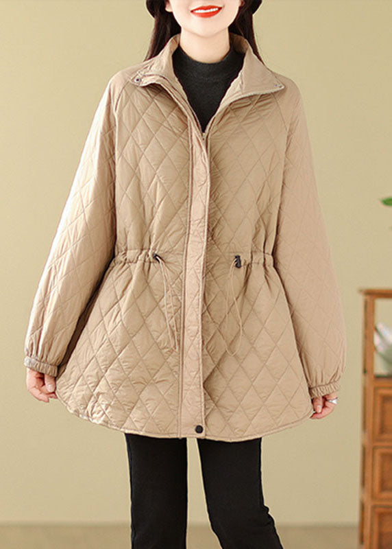 Khaki Stand Collar Drawstring Zippered Pockets Parkas Coats Winter