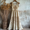 Lammas Vintage Wheat Embroidered Linen Maxi Dress artswardrobe