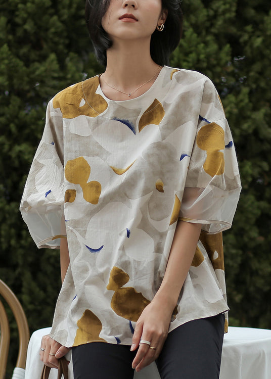 Modern Chocolate Colour O-neck Print Button Tops Half Sleeve
