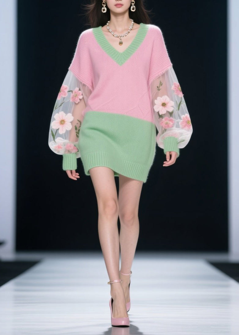 Colorblock V Neck Tulle Patchwork Knit Dress Fall