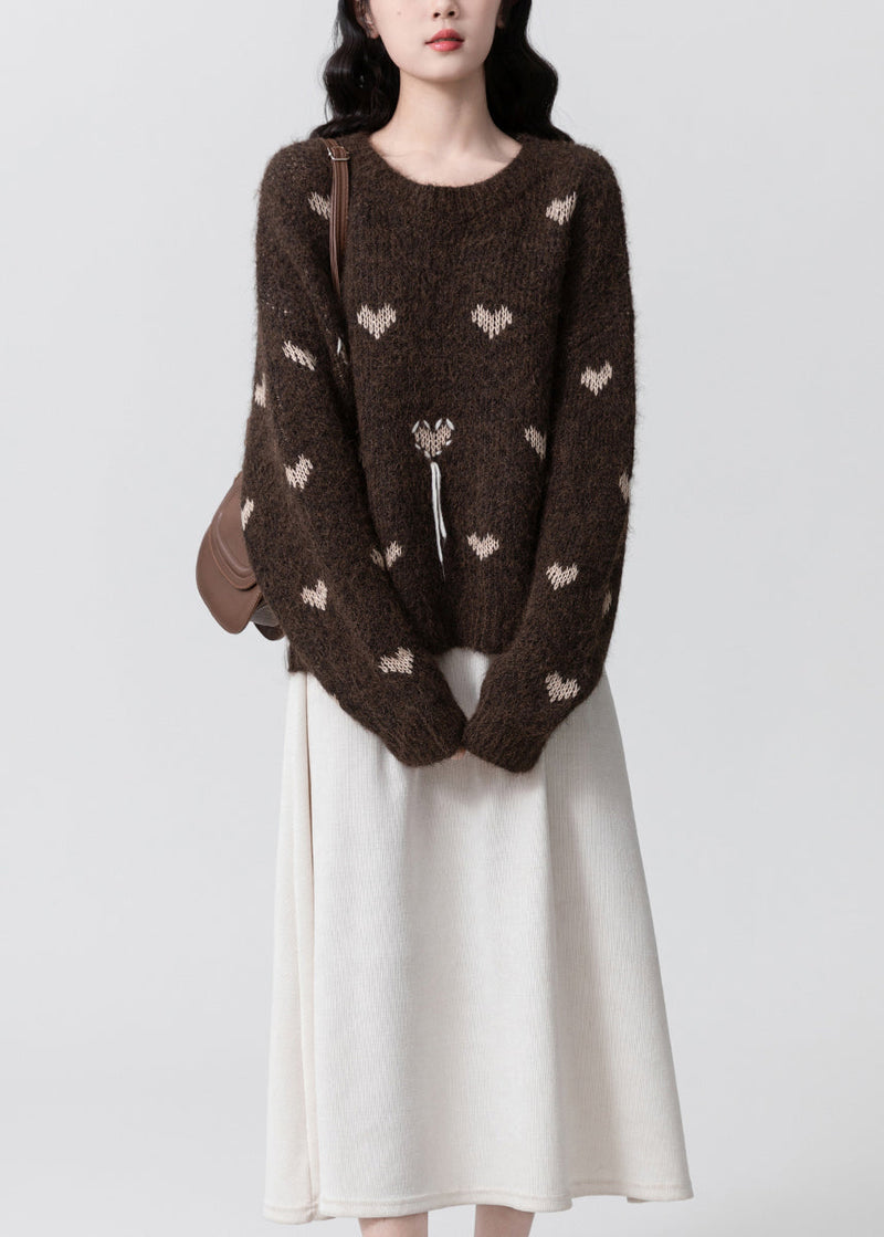 Coffee O Neck Jacquard Thick Knit Sweaters Spring