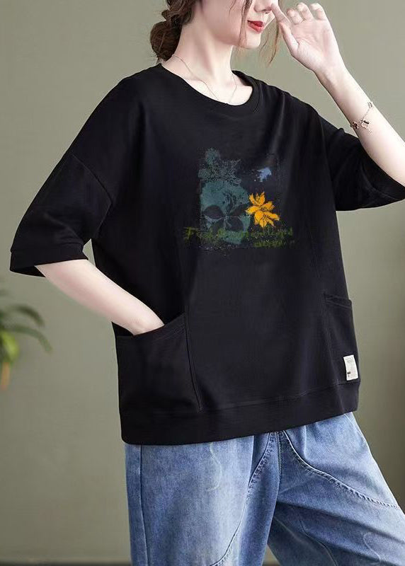 Light Purple O Neck Pockets Patchwork Cotton Top Summer