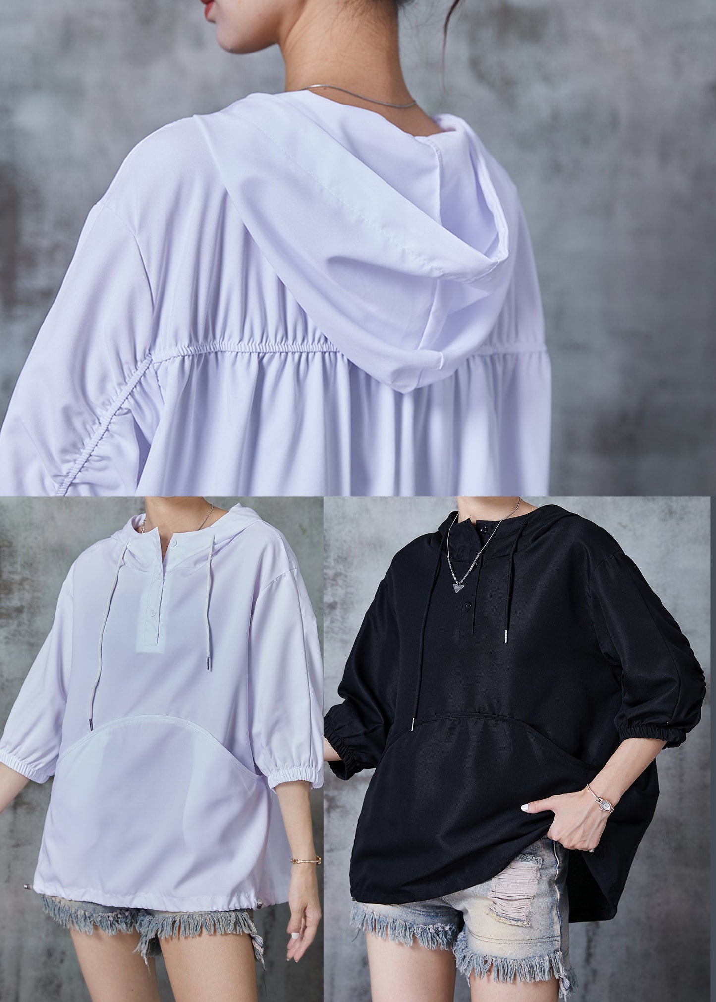 Black Hooded Wrinkled Cotton Pullover Tops Summer