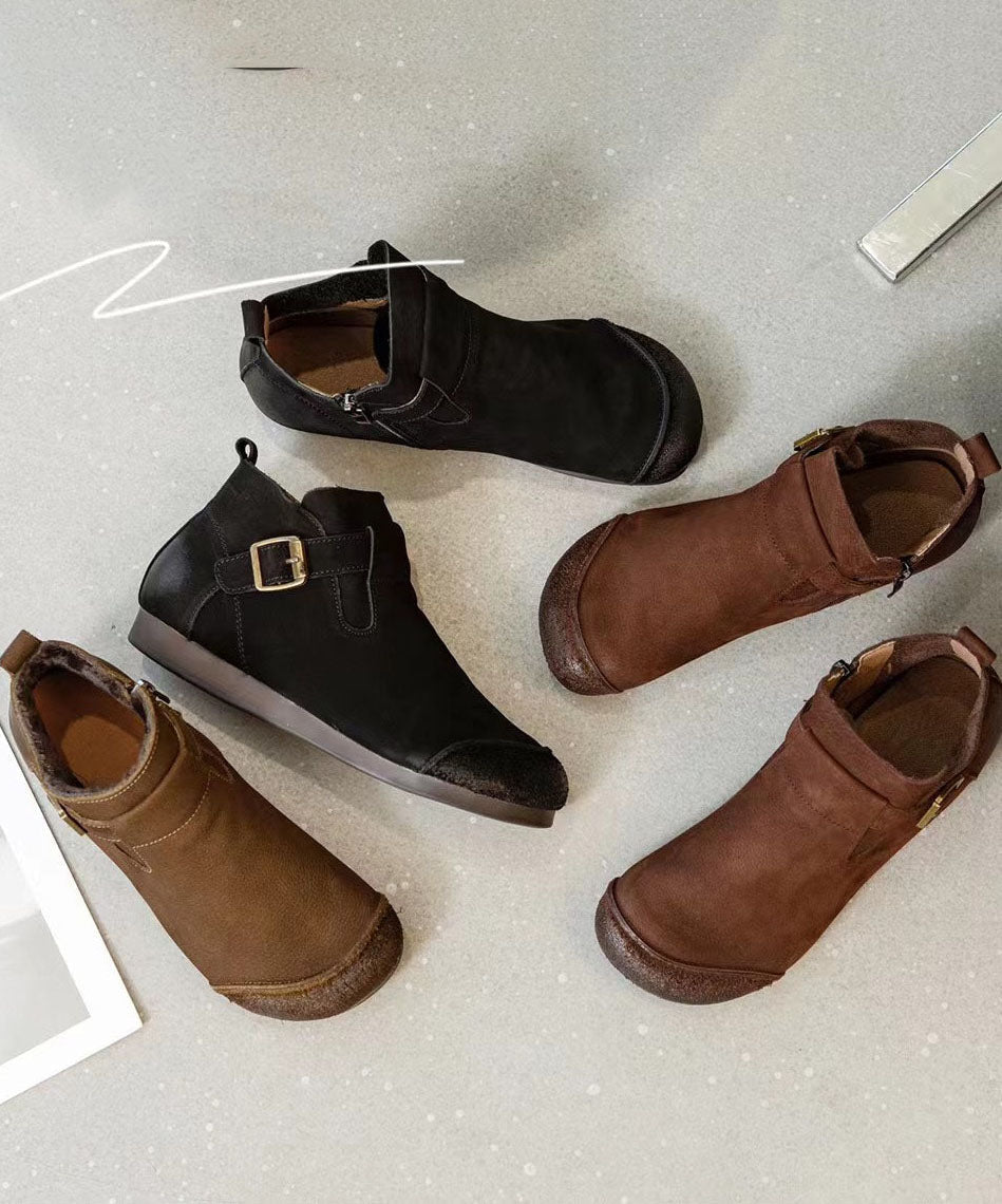 Splicing Brown Ankle Boots Buckle Strap Boots