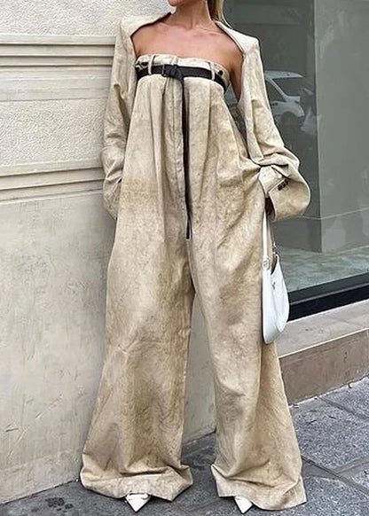Camel Patchwork Sashes Jumpsuits Flare Sleeve