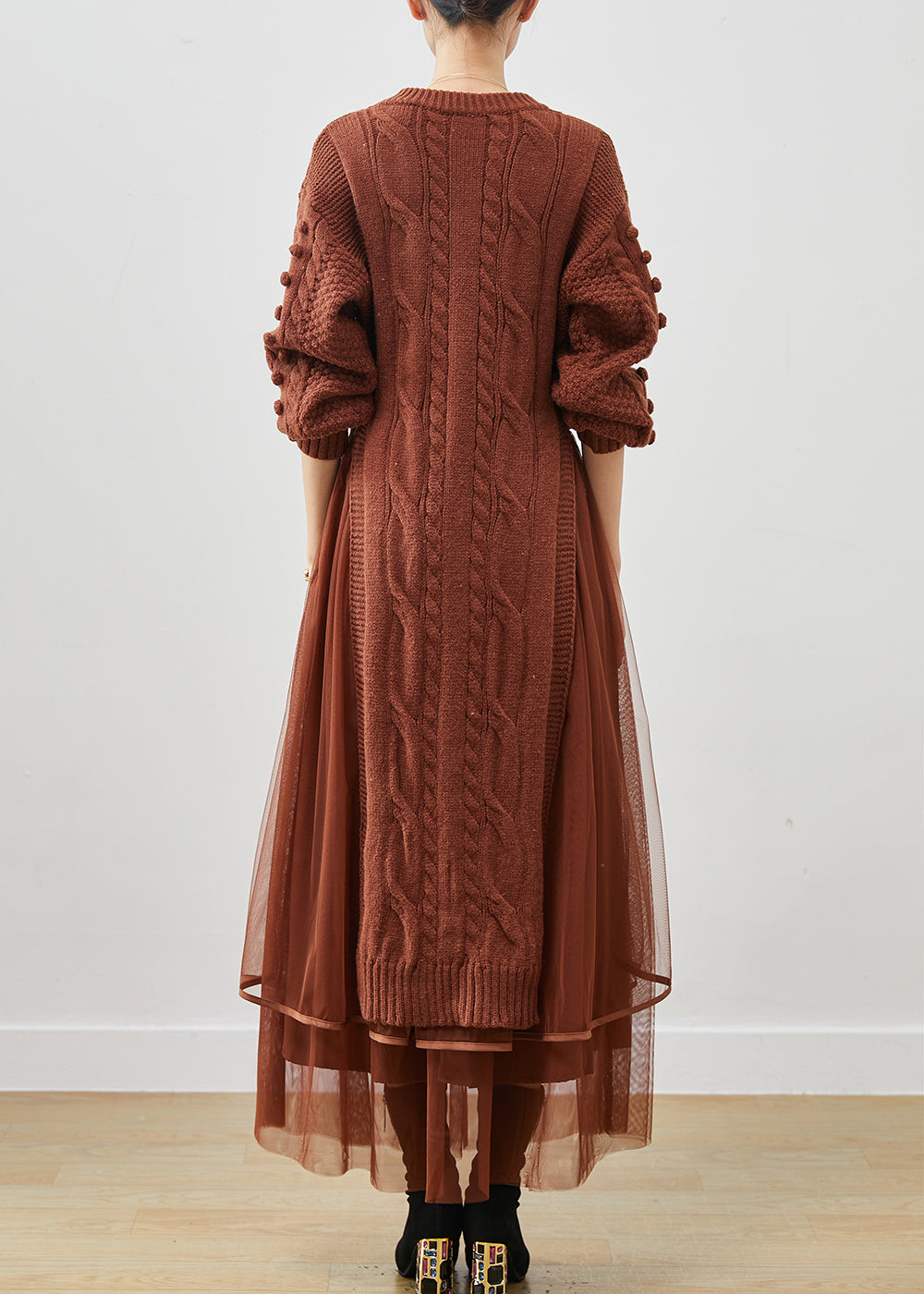 Khaki Silm Knit Sweater Dress and Tulle Skirt Two Pieces Set Side Open Winter