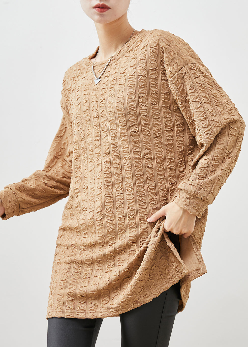 Khaki Oversized Jacquard Cotton Shirt Spring