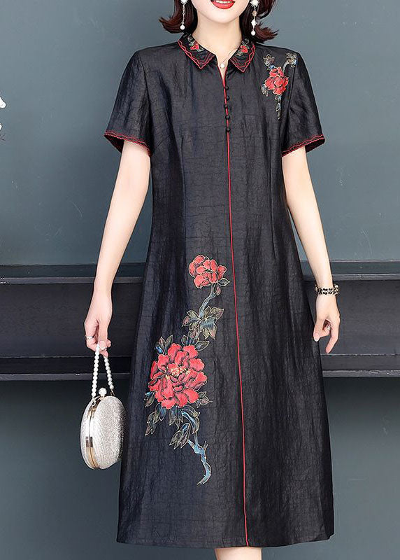 Black Peter Pan Collar Embroideried Silk Dress Summer