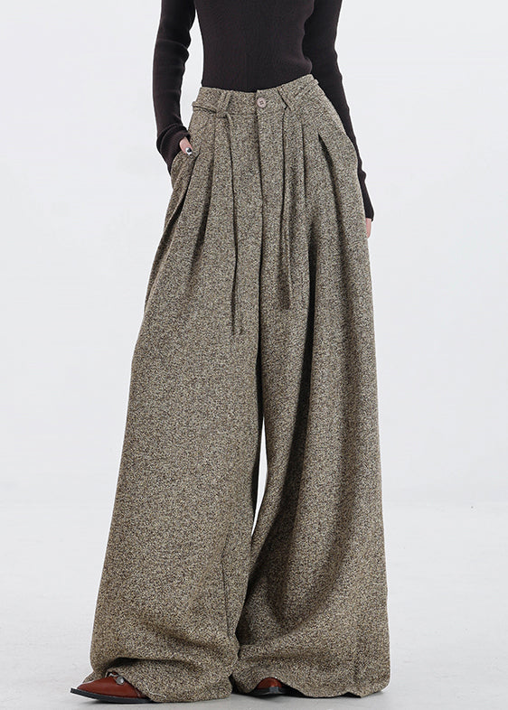 Khaki Pockets High Waist Woolen Pants Fall