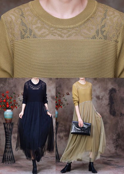 Black O-neck Hollow Out Knit Dress Long Sleeve